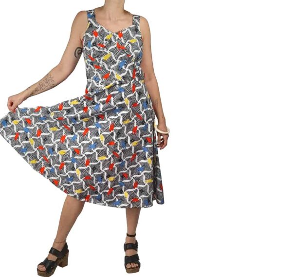 Abito taglio anni 50 smanicato fantasia geometrica