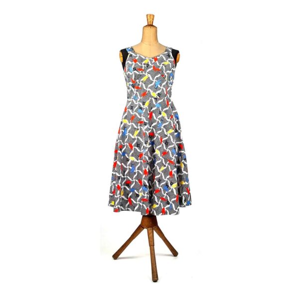 Abito taglio anni 50 smanicato fantasia geometrica