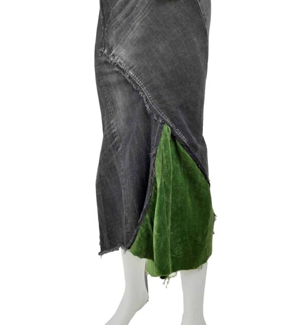 Gonna lunga di jeans riciclato e velluto verde