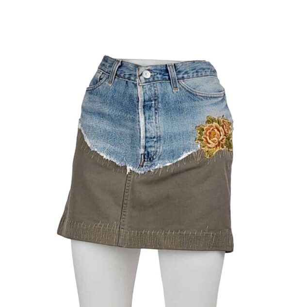 Gonna corta jeans+moleskino con fiore
